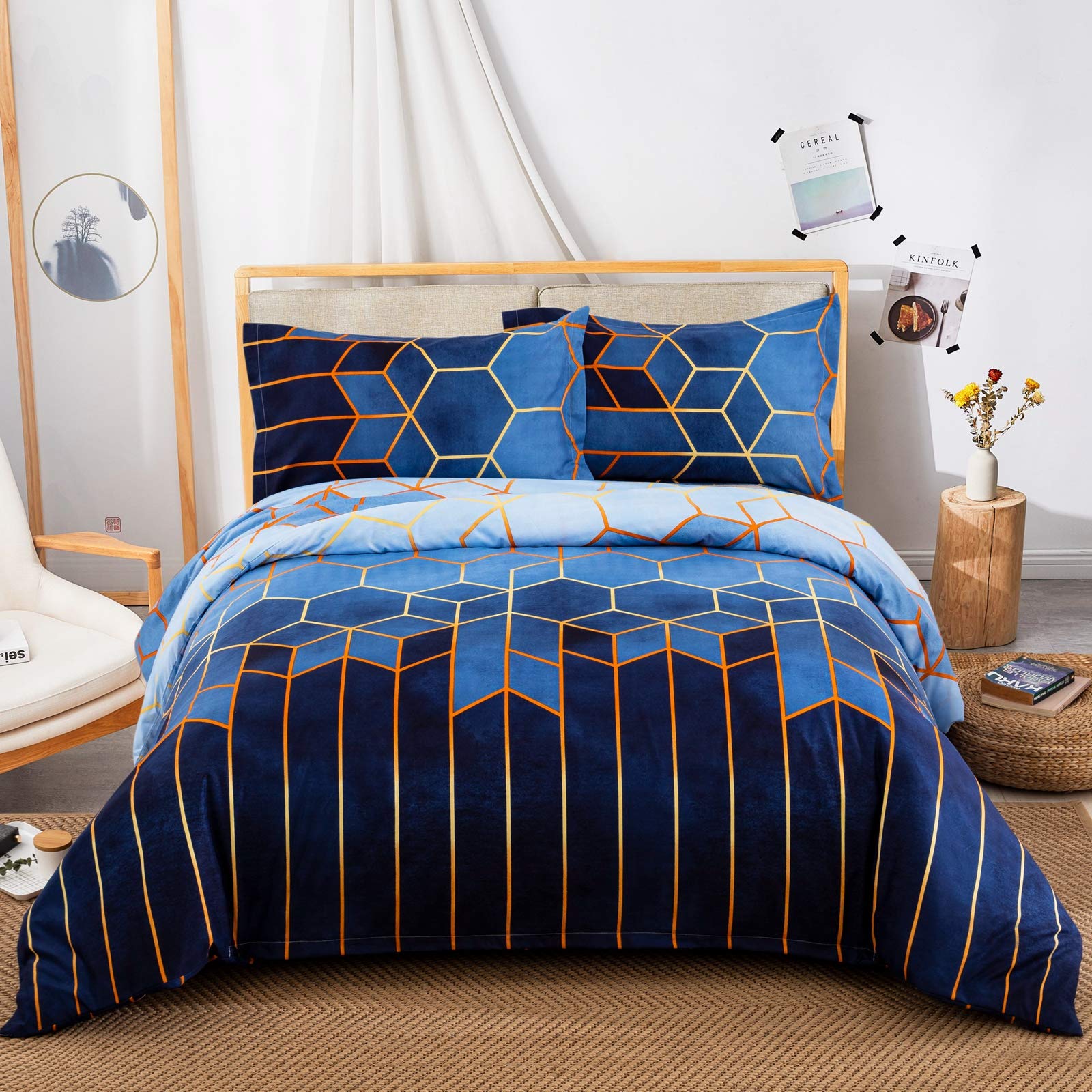 DJY Double Duvet Cover, Blue Geometric Diamond Golden Stripes Bedding Set, Reversible Breathable Design with Hidden Zipper (Double, 200x200cm)