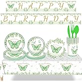 118 Pcs Green Butterfly Flower Birthday Party Supplies, Include Cup Plate Napkin Tablecloth Fork Spoon Knifes Happy Birthday Banner, Disposable Tableware Spring Flower Decorations, Serve 16 Guests