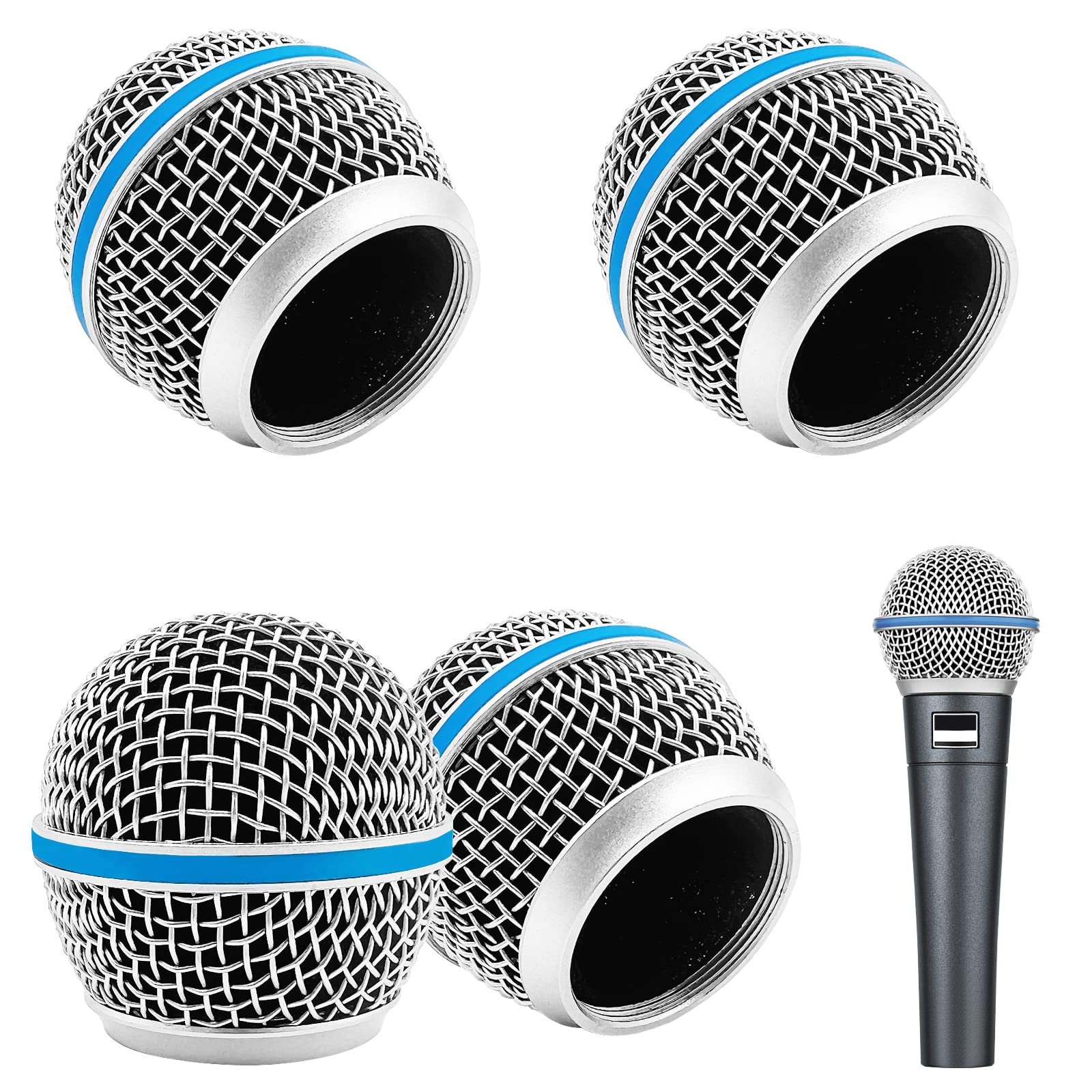 4 pcs Metal Microphone Mesh Heads, DaKuan Microphone Metal Head with Sponge, Compatible with Beta58a, SM58, PGX24, SLX4, SM58LC Microphone, Blue Steel Mesh, Silver Microphone Grille Head