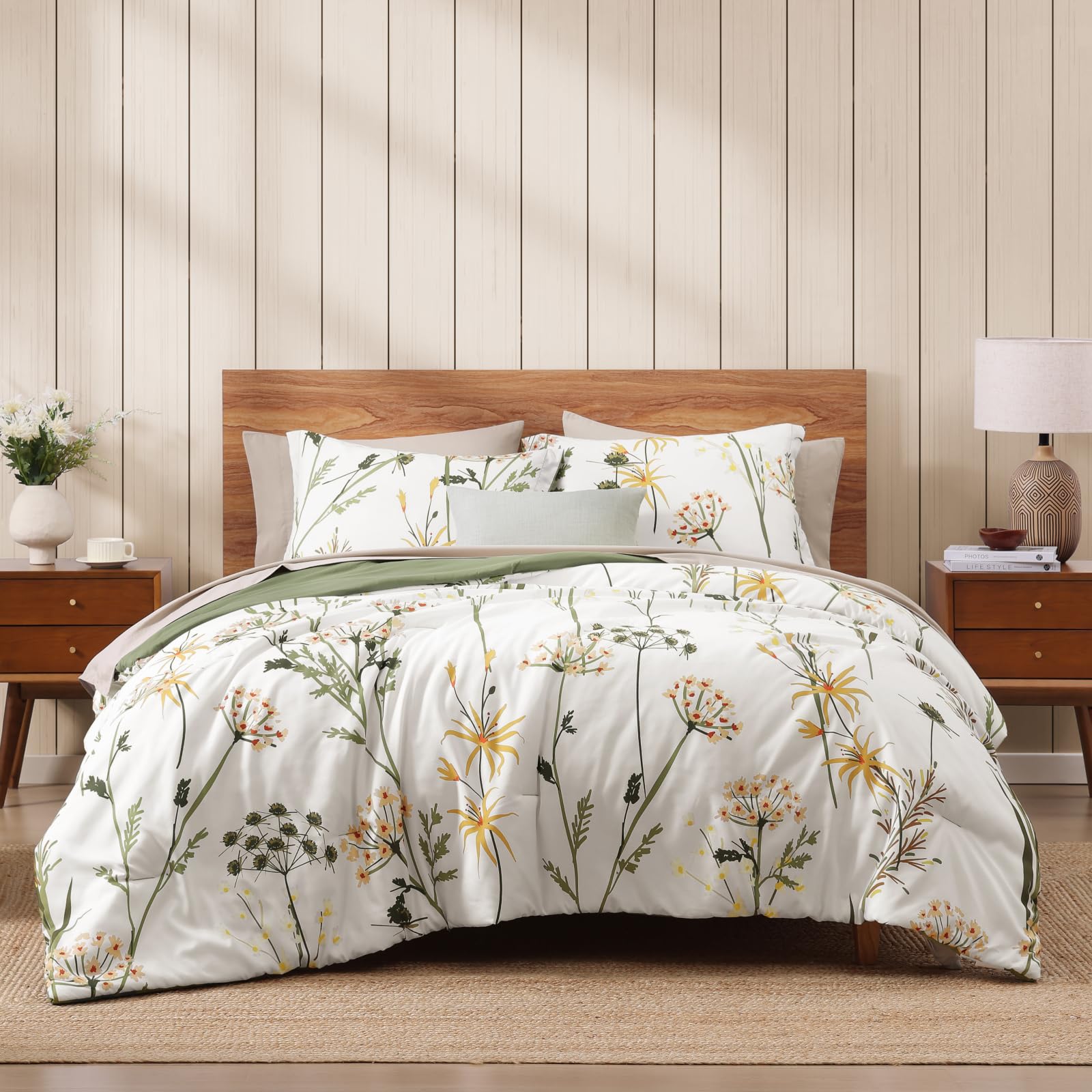 Photo 1 of WRENSONGE King Size Comforter Set-7 Pieces Botanical Dandelion Bed in a Bag with Flowers Pattern, Soft Floral Complete Bedding Set with Sheets for All Season