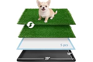 Oiyeefo Grass Pad for Dogs Potty: 29”x 18” Indoor Dog Grass pad with Tray with 2 Packs Replacement Artificial Fake Grass-5 Packs Disposable Puppy Pads, for Puppy Training Apartment, Apartment Use