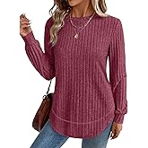 OFEEFAN Tunic Tops for Women Loose Fit Dressy Long Sleeve Shirts Womens Sweaters Crew Neck Fall Clothing with Curved Hem