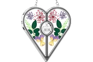 KY&BOSAM Heart Suncatcher Mom Stained Glass for Windows Hangings Wind Chimes with Pressed Flower Heart in Glass with Metal Trim Heart Charm Birthday Gifts for Women Mother`s Day Christams Home Decor
