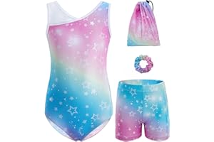 Tstiti Gymnastics Leotards for Girls 4-Piece Outfit with Storage Bag Scrunchie & Shorts Set for Toddler/Kids 3-12 Years