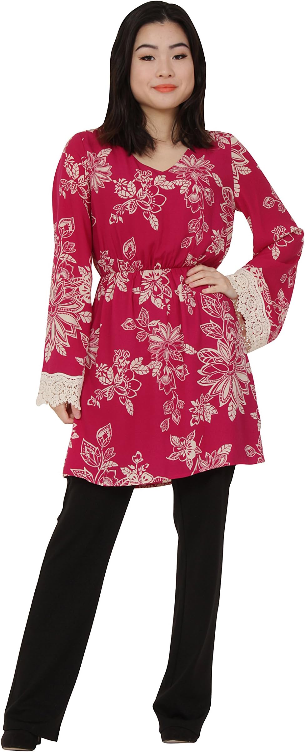 Magenta Floral Print Dress with Black Elastic Waistband Bootleg Trousers. (Small)