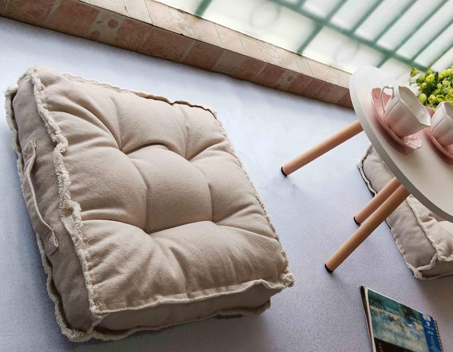 Square Thick Floor Seating Cushions,Solid Thick Tufted Cushion Meditation Pillow for Sitting on Floor, Tatami Pad for Guests or Kids Reading Nook,Yoga Living Room Sofa Balcony Outdoor(Beige): Kitchen & Dining