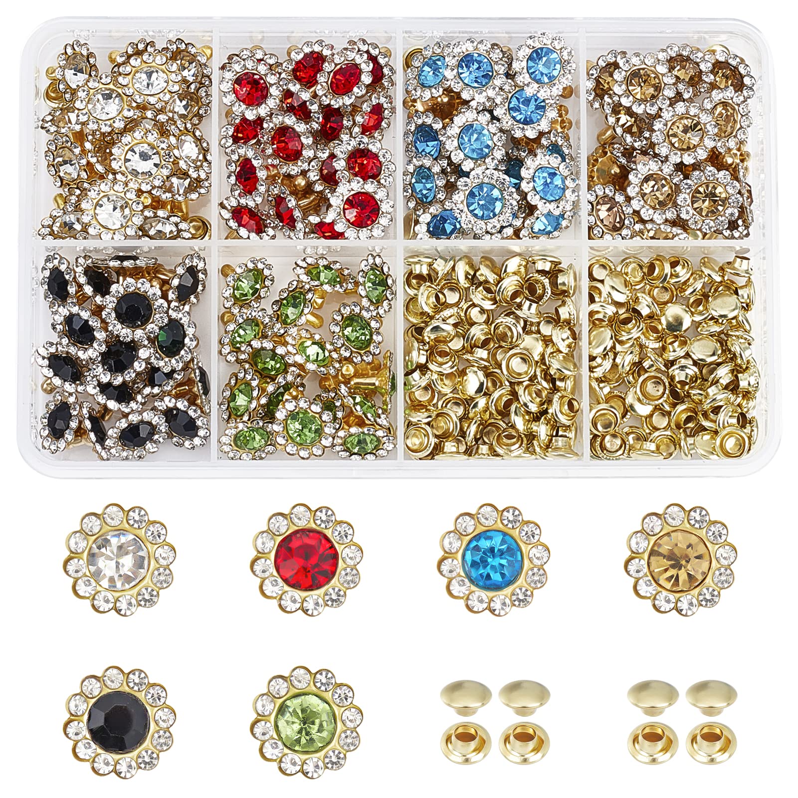 WADORN 120pcs Rhinestone Rivets Studs, 6 Colors 11mm Sun Flower Crystal Rivets Studs Leather Rivets Studs Diamond Nailhead Studs for Leather Craft DIY Making Repairs Decoration