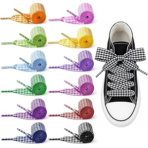 Prospura 12 Pairs Gingham Shoe Laces, Checkered Replacement Shoelaces, Colorful Matte Finish Strings for Ballet Flat Sneakers