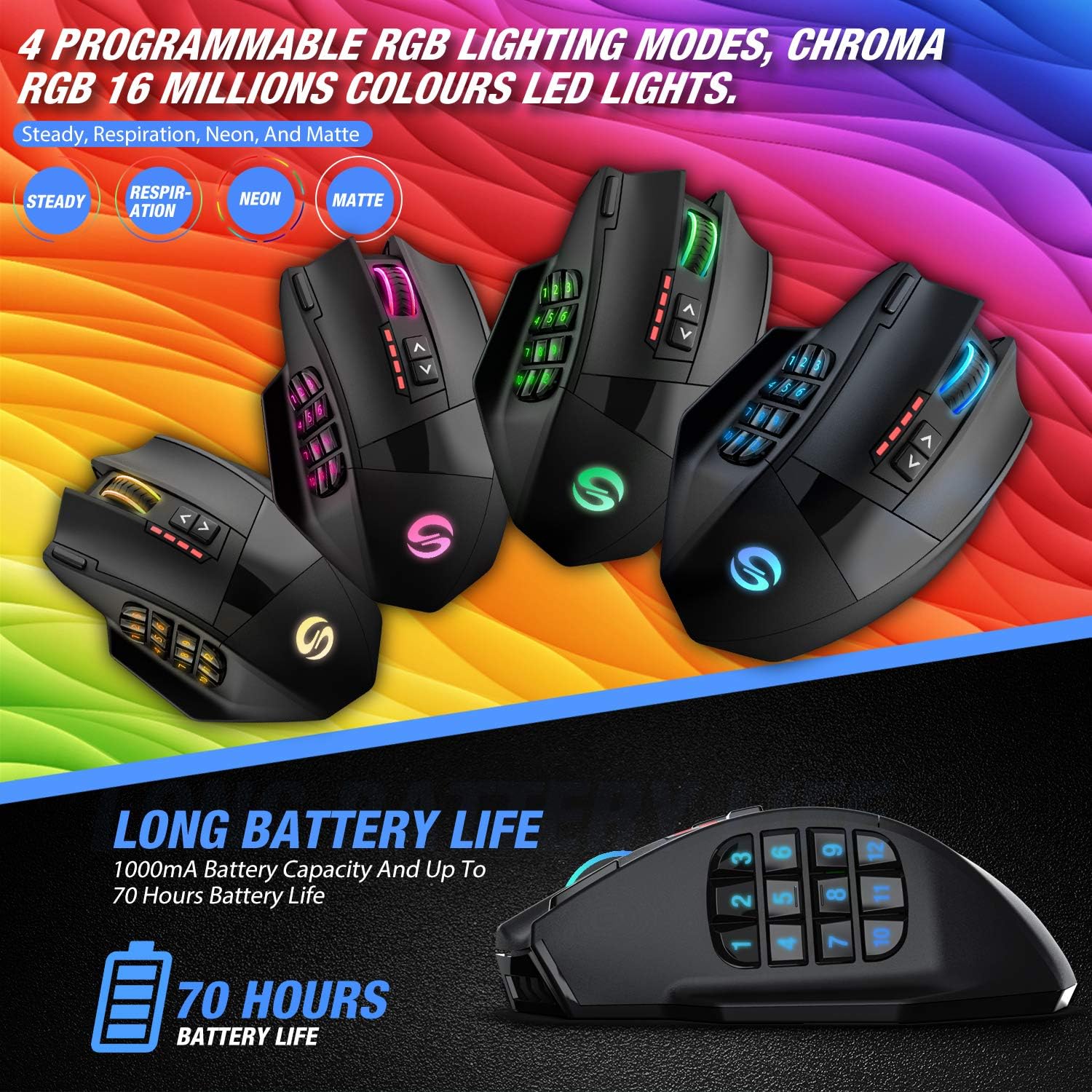 UtechSmart Venus Pro RGB Wireless MMO Gaming Mouse, 16,000 DPI Optical Sensor, 2.4 GHz Transmission Technology, Ergonomic Design, 16M Chroma RGB Lighting, 16 programmable Buttons, Up to 70 Hours: Computers & Accessories