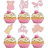 Gyufise 24Pcs Oh Baby Cupcake Toppers Glitter It's a Girl Cupcake Picks Bow Dress Baby Bottle Baby Shower Cake Decorations for Gender Reveal Baby Shower Kids Girls Birthday Party Supplies Pink