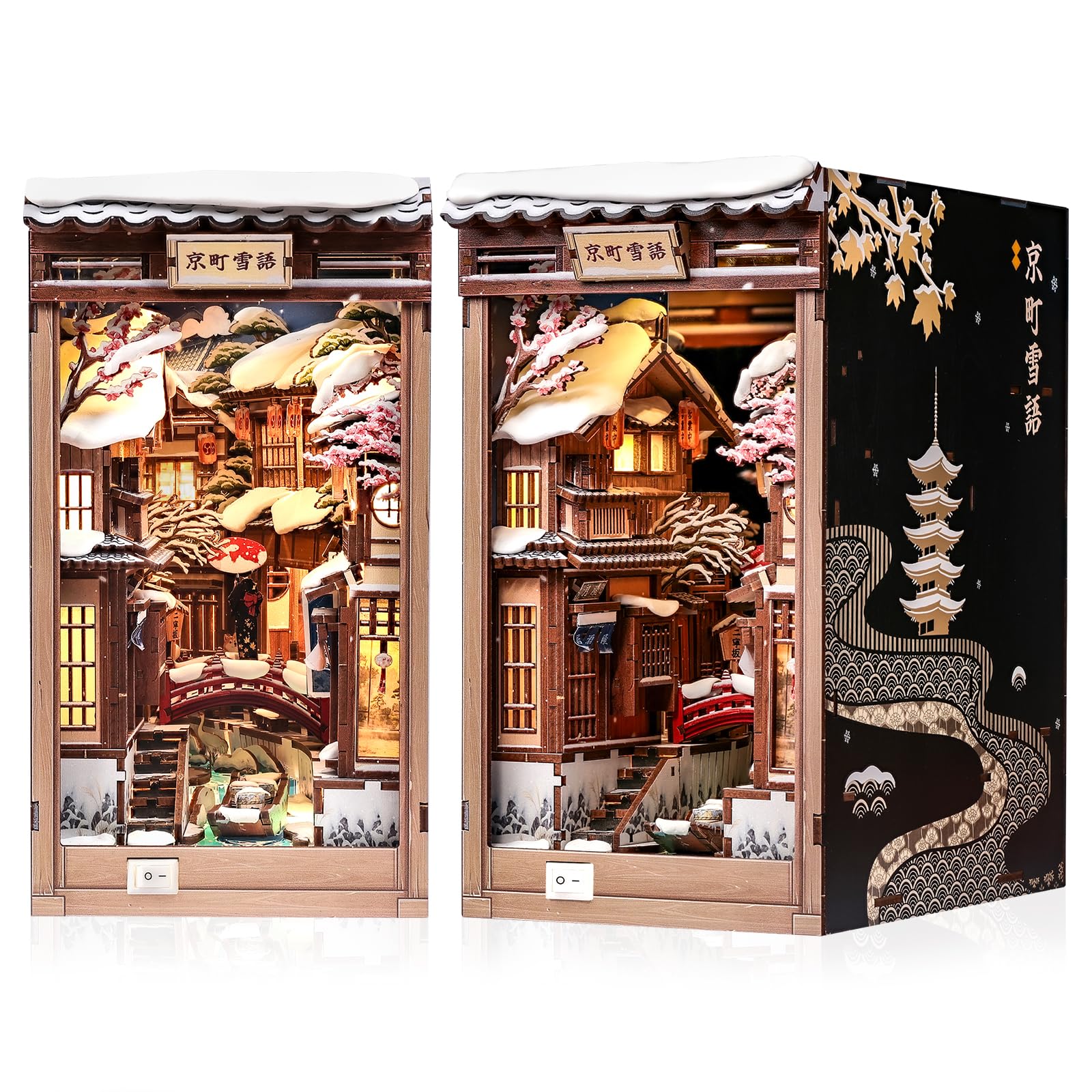 CUTEBEE Book Nook Kit - Japanese Style DIY Miniature Winter House, LED Light Bookshelf Decor Alley Dollhouse for Adults Teens, Gifts for Family (Kyoto Snow Whisper)