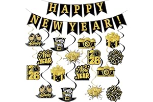 HEYPRIIL New Year Decorations 2026, Happy New Years Banner& 16 Pieces Hanging Swirls for Happy New Year Eve NYE Party Supplies(Black Gold)