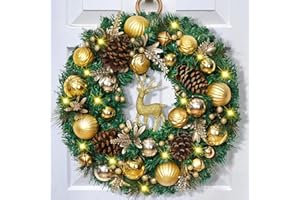 ARTFLOWER Christmas Wreath Decorations - 16'' Christmas Wreaths for Front Door with Golden Christmas Reindeer Balls Berries Pine Cones Pine Needles Door Wreath for Home Wall Window Porch Indoor Outdoor Decor