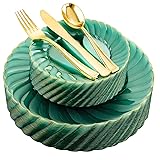 YOUBET 125PCS Clear Green Plastic Plates with Gold