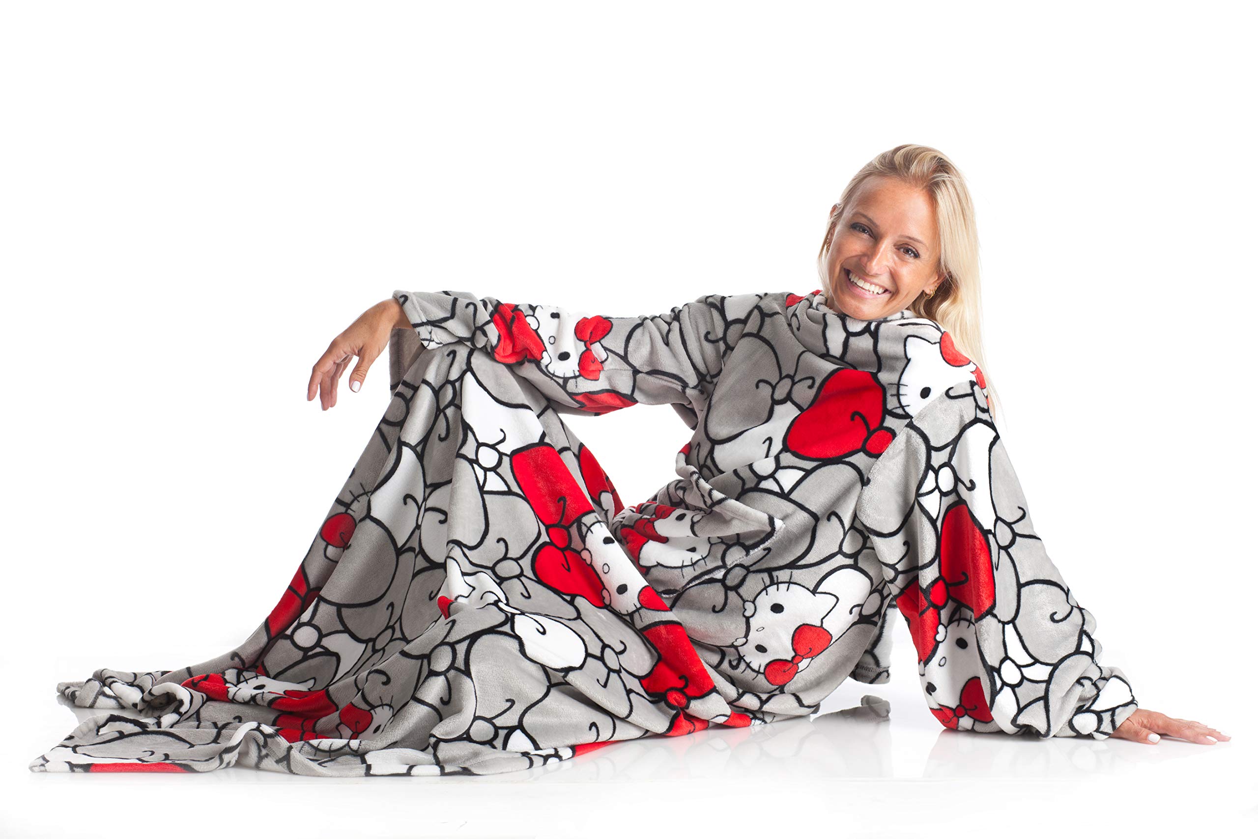 Kanguru Deluxe Hello KItty, Super Soft and cozy Fleece Blanket With Sleeves with a pouch pocket, colour White, Adults Size 140 x 180 cm one size, 1287 — image 1