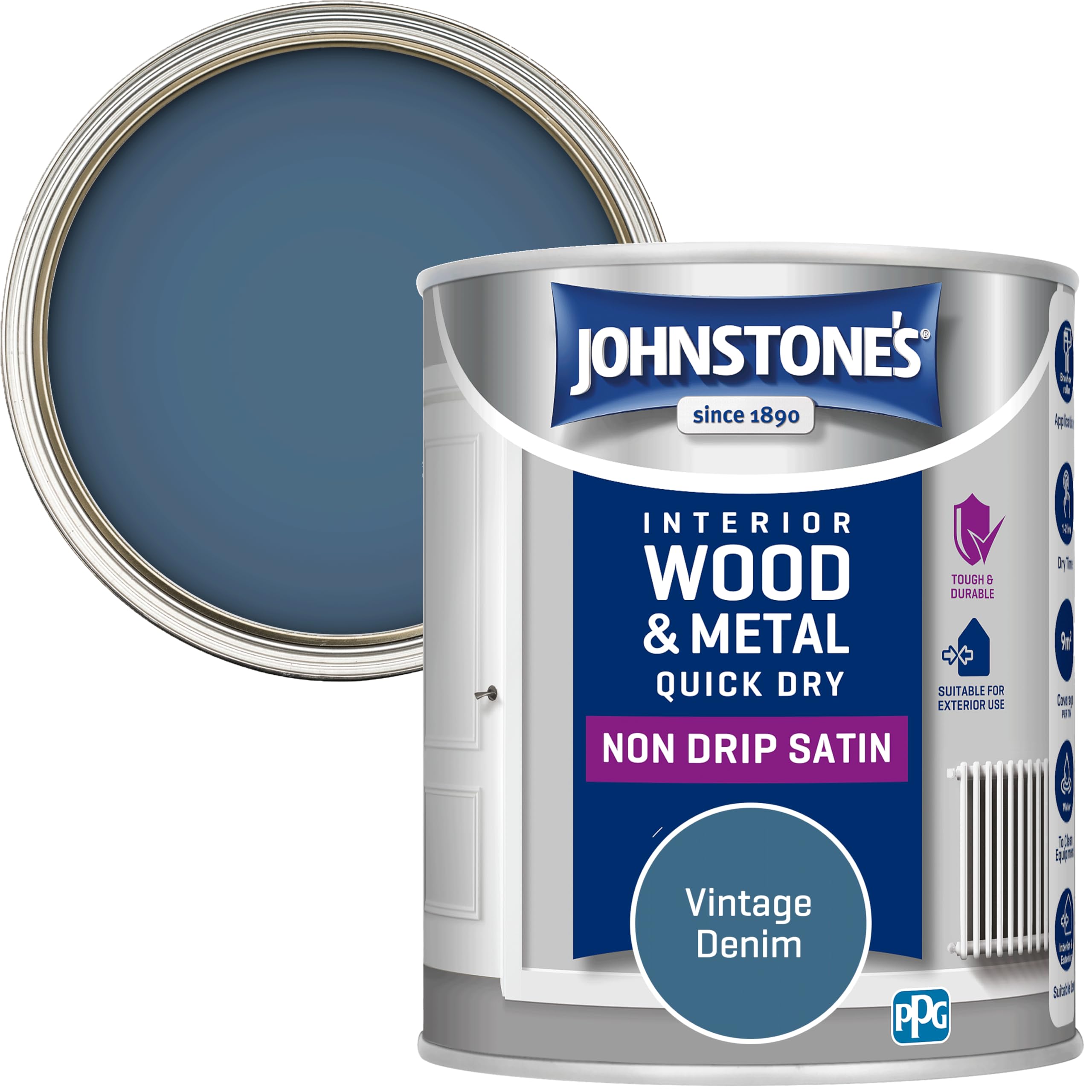 Johnstone's - Wood & Metal Paint - Satin Finish - Vintage Denim - 750ml - Water Based - Non Drip & Quick Drying - Radiator Paint - Low Odour - Dry in 1-2 Hours - 8m2 Coverage per Litre