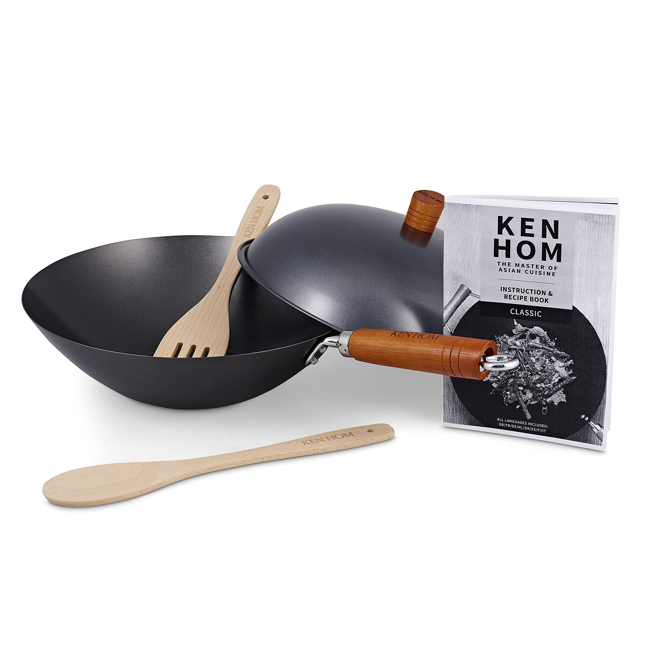 Ken-Hom-KH331051-Wok-Set-5-Piezas-Acero-Carbono-Antiadherente-31cm-Classic-Sarten-Sin-InduccionCon-Mango-De-Madera