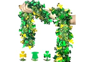 Rolzchoy 5PCS - Total 33FT St Patricks Day Tinsel Garland, Gold Green Shamrock Hat Metallic Twist Shiny Garland for St Patric