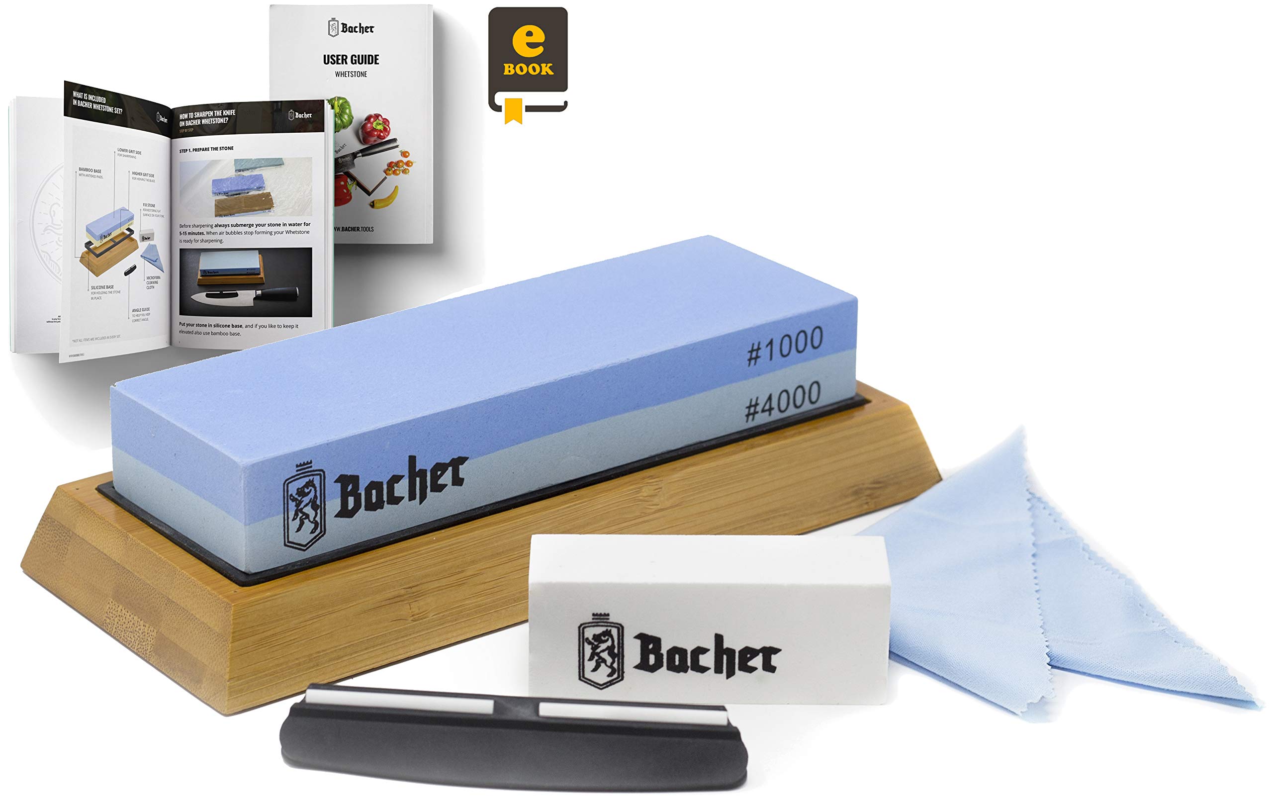 Bacher Premium Sharpening Stone. 2 Side Grit 1000/4000 Whetstone- Knife Sharpener Waterstone with Non-Slip Bamboo Base, Flattening Stone, Angle Guide and Detailed eBook Guide
