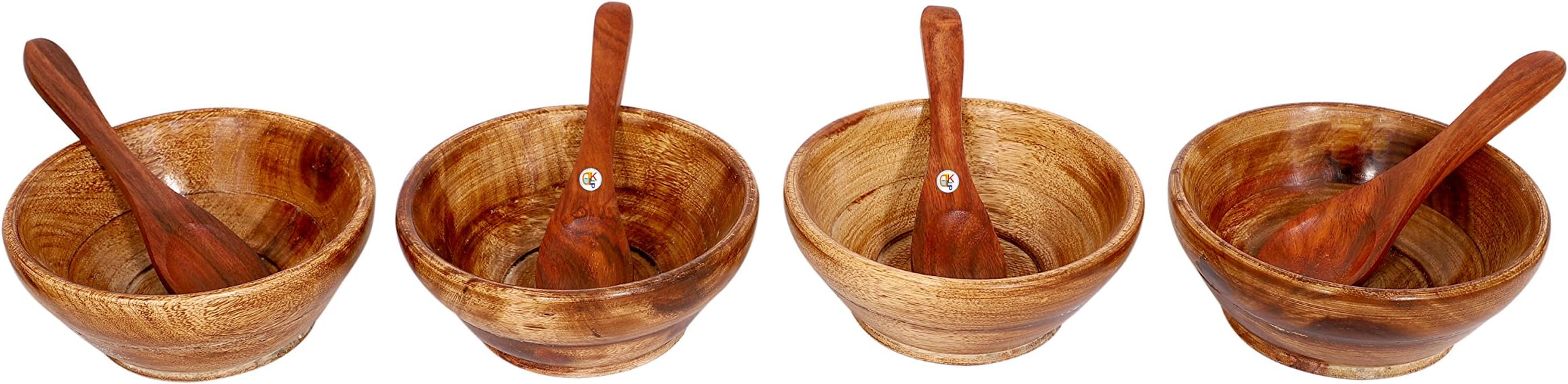 KDT Wooden Small Katori Bowl with Wood Spoon for Kitchen/Snack Serve/Serving - Set of 4