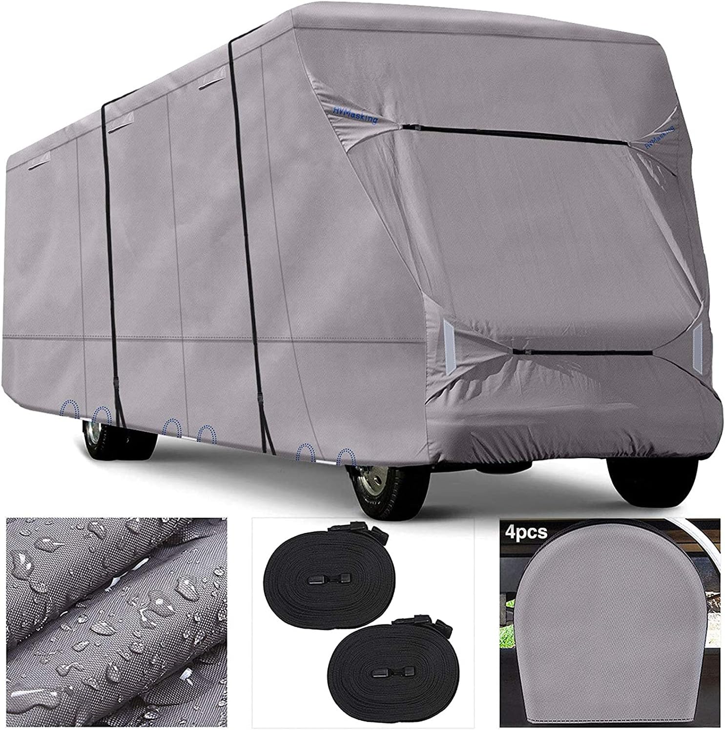 RVMasking Upgraded Windproof & Waterproof Class C RV Cover Camper Cover with 300D Oxford Top Prevent Tearing Caused by Sun Exposure, fits 26'-29'L RVs with 2 Straps, 4 Tire Covers
