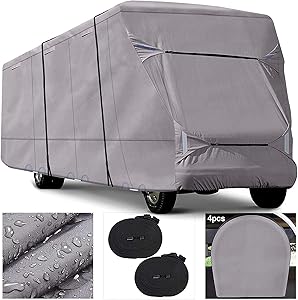 RVMasking Upgraded Windproof & Waterproof Class C RV Cover Camper Cover with 300D Oxford Top Prevent Tearing Caused by Sun Exposure, fits 26'-29'L RVs with 2 Straps, 4 Tire Covers