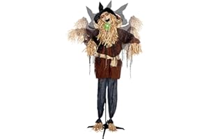 Joliyoou 6FT Halloween Animated Scarecrow Props, Live-Sized Voice Activated Ghost with Turning Heads, Swing Arms, Red Lighted Eyes & Scary Sound for Haunted House Holiday Spooky Party Decor