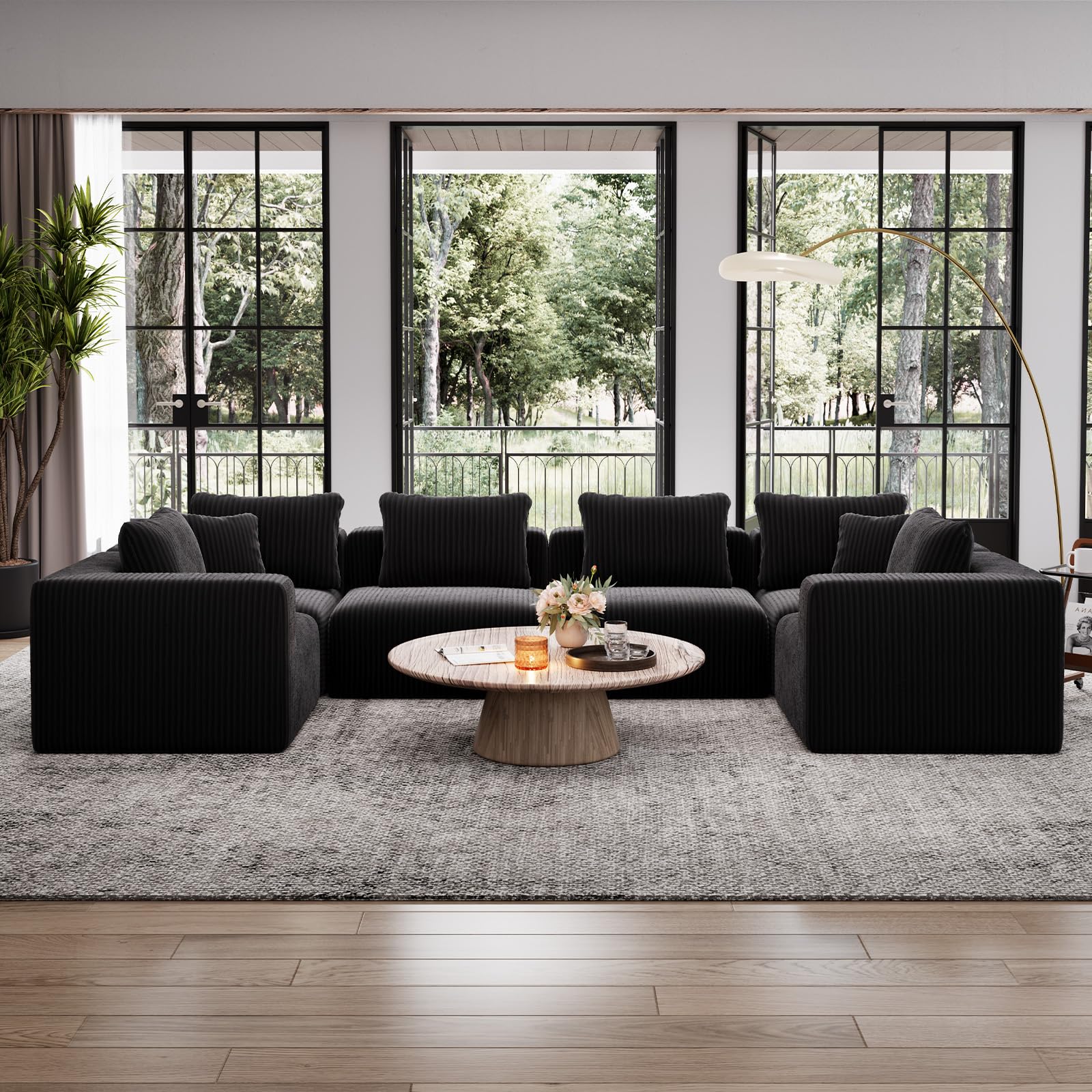 Photo 1 of *** {PARTIAL SET *** Avenco 141” 6-Seat Modular Sectional Sofa, Individually Wrapped Coil Support & Corduroy Fabric, Zero Assembly 6-Piece Set for Large Living Room, Black