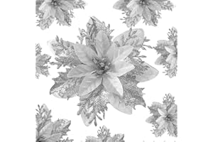 FLORRALIA Poinsettias Artificial Christmas Flowers Decorations - 12 Pcs Artificial Silver Poinsettia Flowers for Christmas Tree,Fake Glitter Poinsettia 5.5" with Clips Stems for Home Outdoor Decor(Silver)