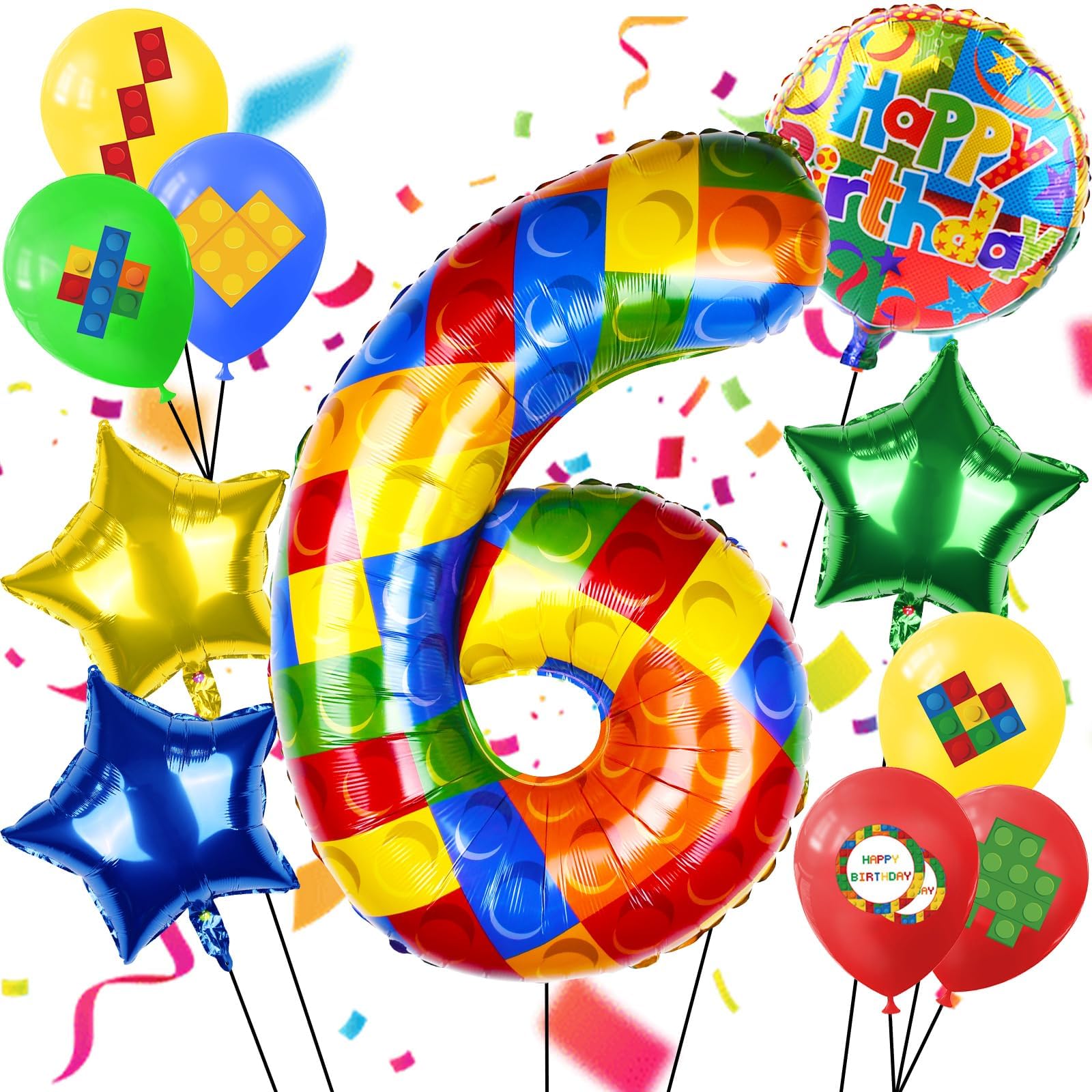 Photo 1 of 40 Inch Building Block Number Balloon, Colorful Number Block Foil Balloons Large Big Numbers Helium Balloon for Girls Boys 6th Birthday Brick Theme Party Decorations (Number 6)
