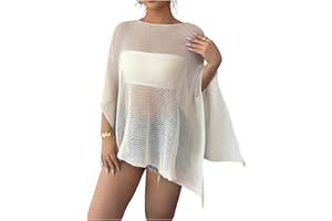 SOLY HUX Women's Sheer Cover Up Poncho Top Crochet Knit Asymmetric Shawl Swimsuit Beach Cover Ups