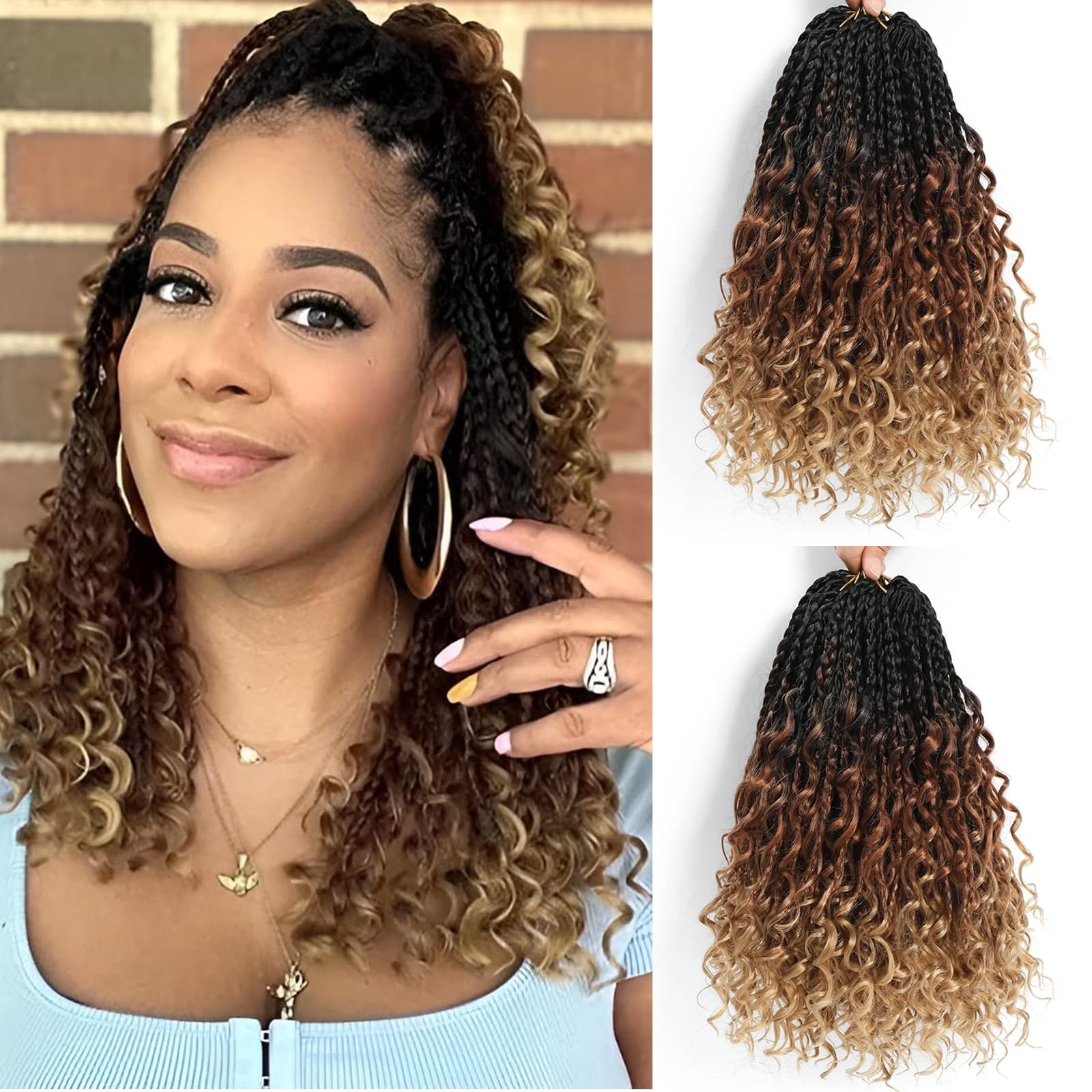 Boho Braids Extensions Hair with Curly Ends 8 Packs Crochet Braids Hair Extensions 12 Inch Goddess Braid Extensions Hair Crochet Hair Extensions for Black Women (1B/30/27#) — image 1