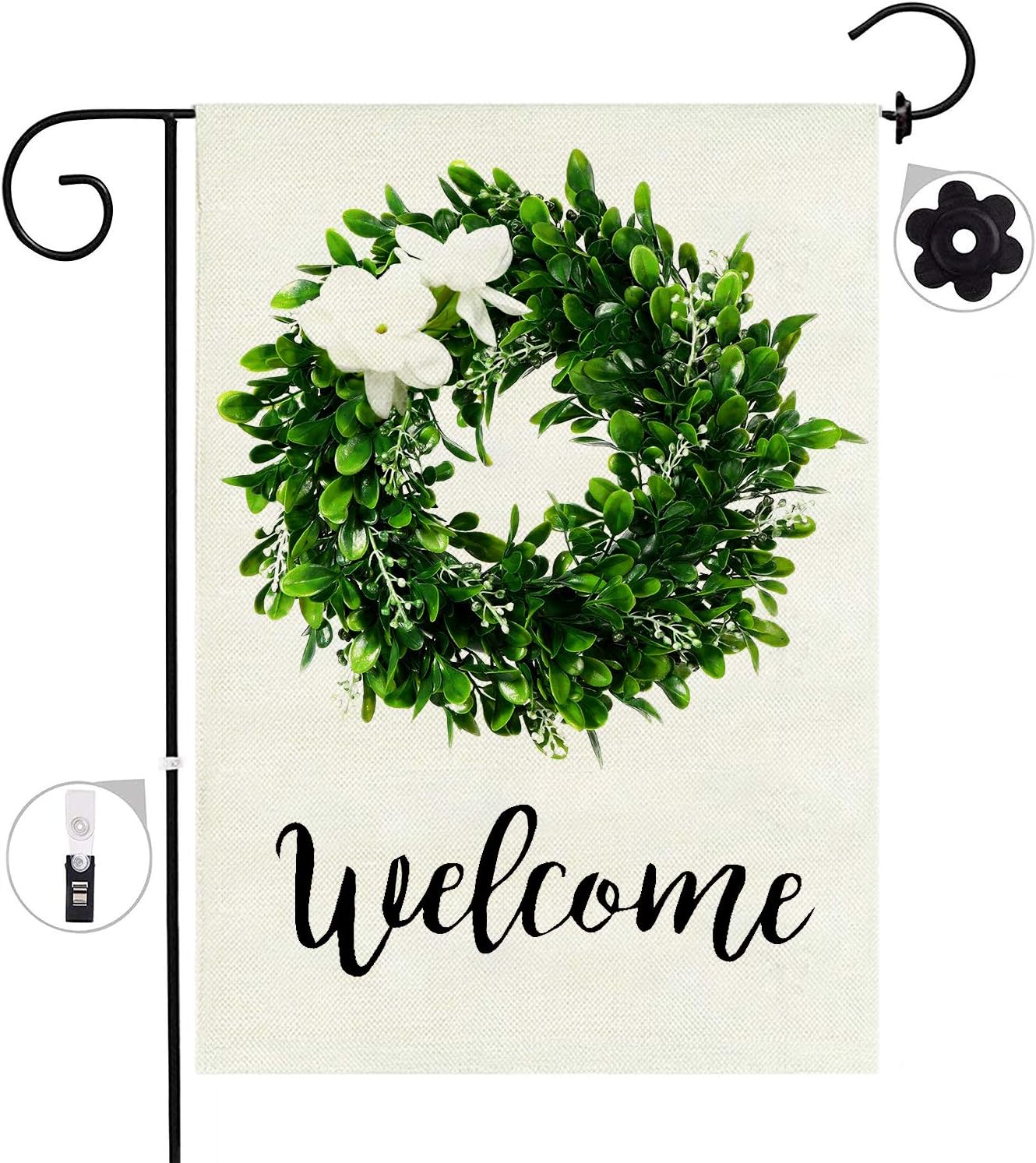 Welcome Garden Flag, Boxwood Wreath Spring Yard Flag with Stopper Double Sided Burlap Fall Weather Resistant Seasonal Garden Flags for Outside Farmhouse Patio Lawn Outdoor Home Décor Gift 12 X 18 Inch