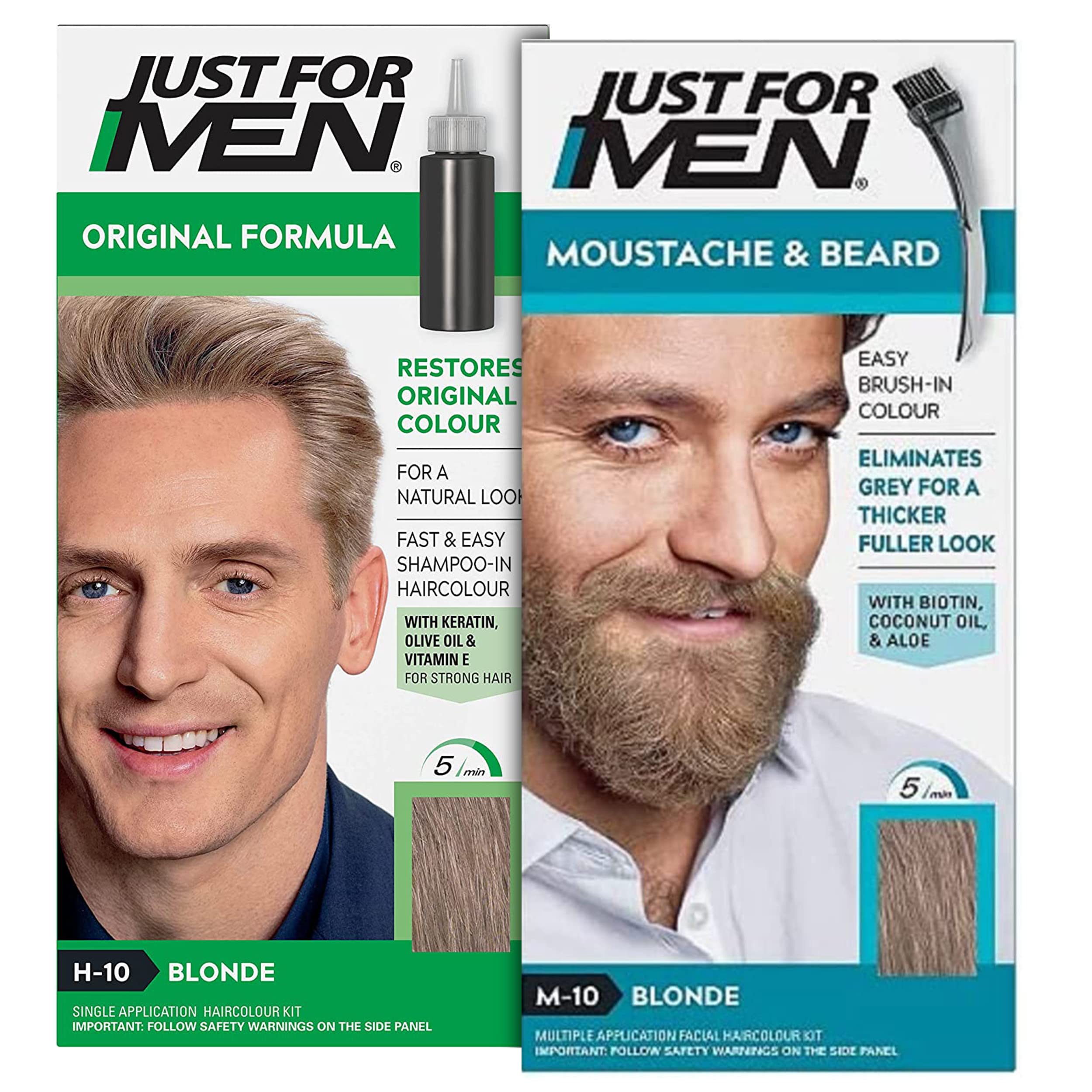 Just for Men Original Formula Sandy Blonde Hair Dye, Natural Look – H10 & Just for Men Moustache & Beard Sandy Blonde Dye, Eliminates Grey – M10