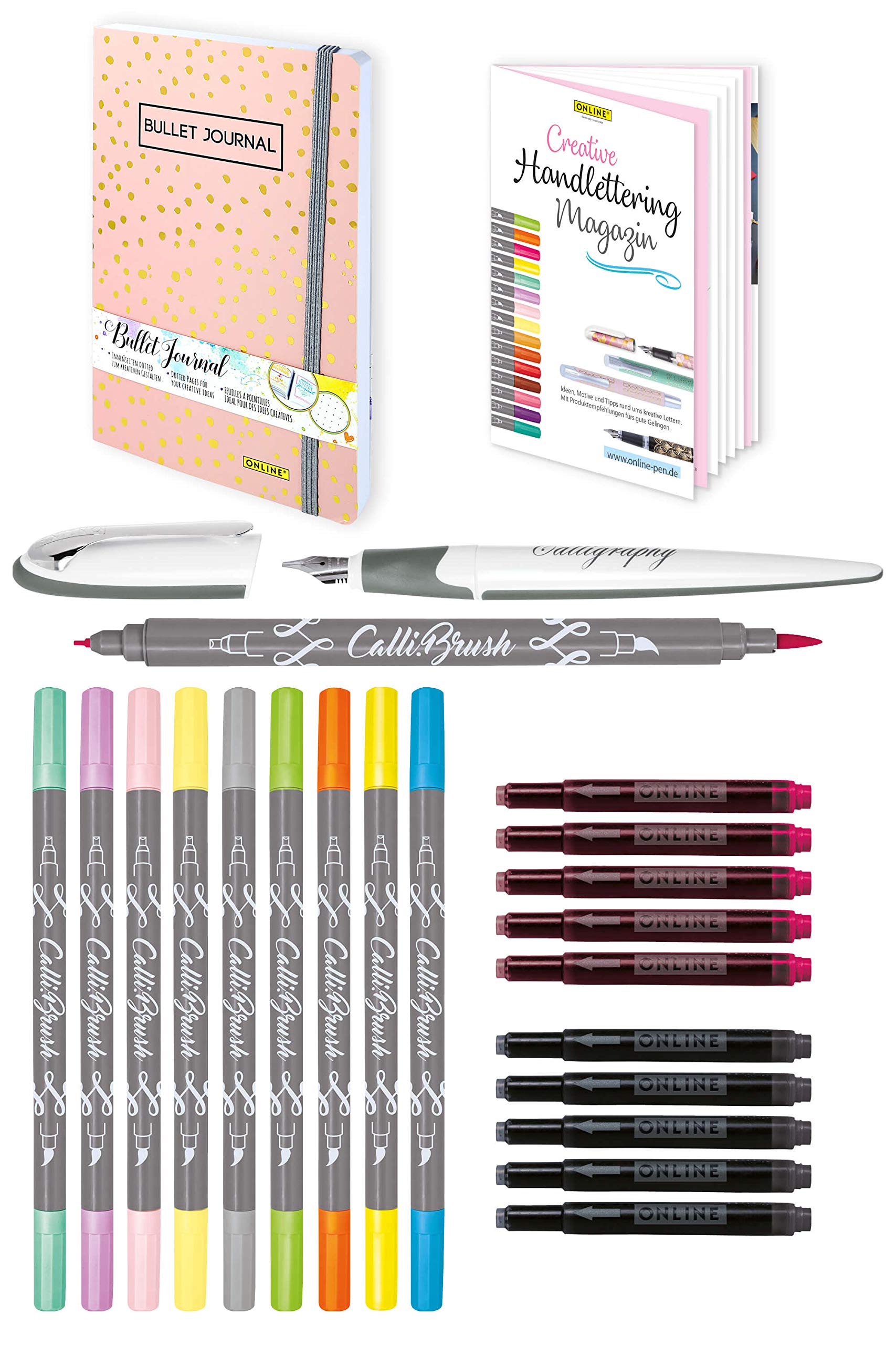Online Handlettering Set | 10x brush pens Calli.Brush, 1x calligraphy fountain pen, 1x bullet journal, 10x colourful ink cartridges, linen case | Calligraphy set for beginners, children, adults