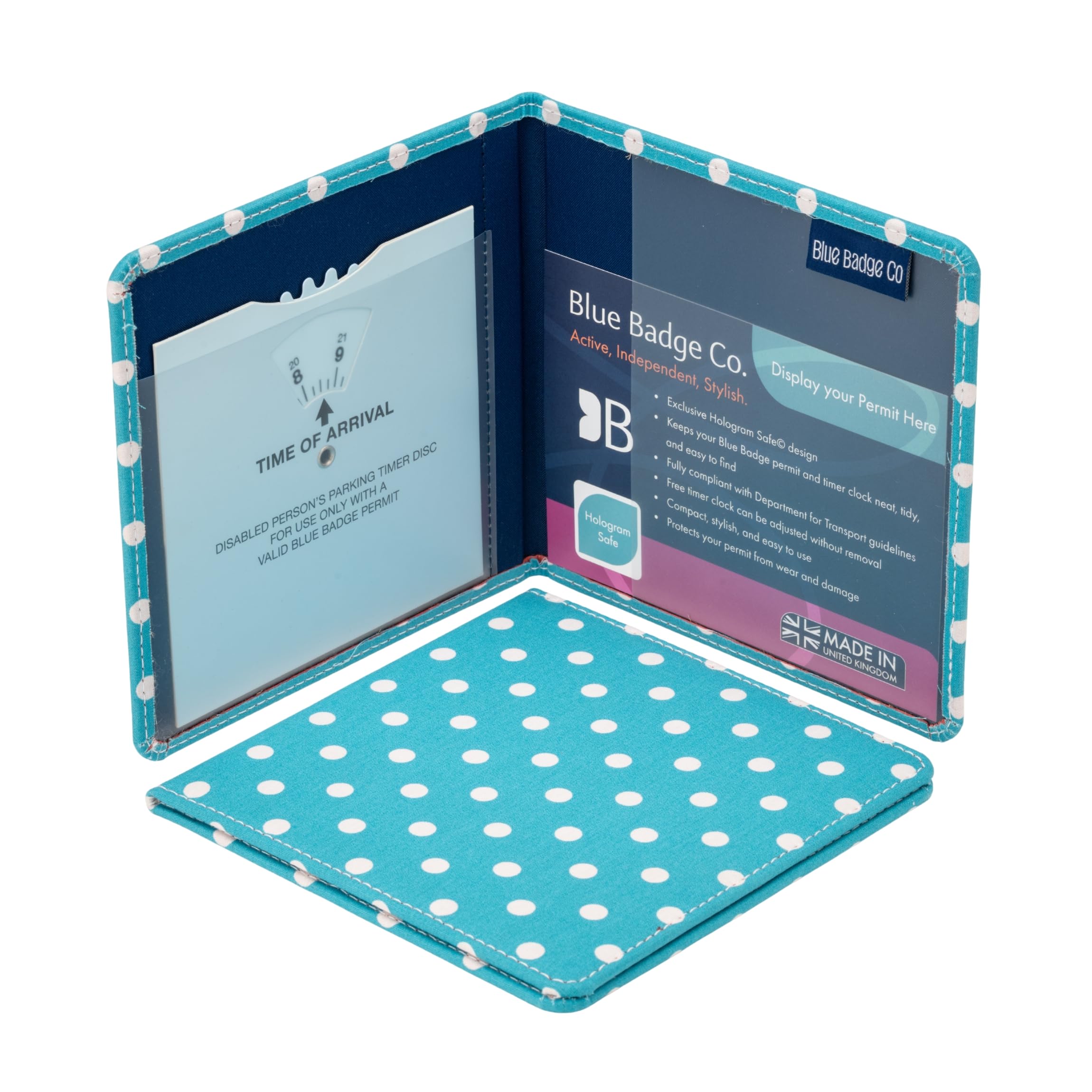 Blue Badge Co Spotty Aquamarine Hologram-Safe Wallet, Disabled Parking Permit Cover Holder Includes Timer Clock, Disabled Badge Holder for Car