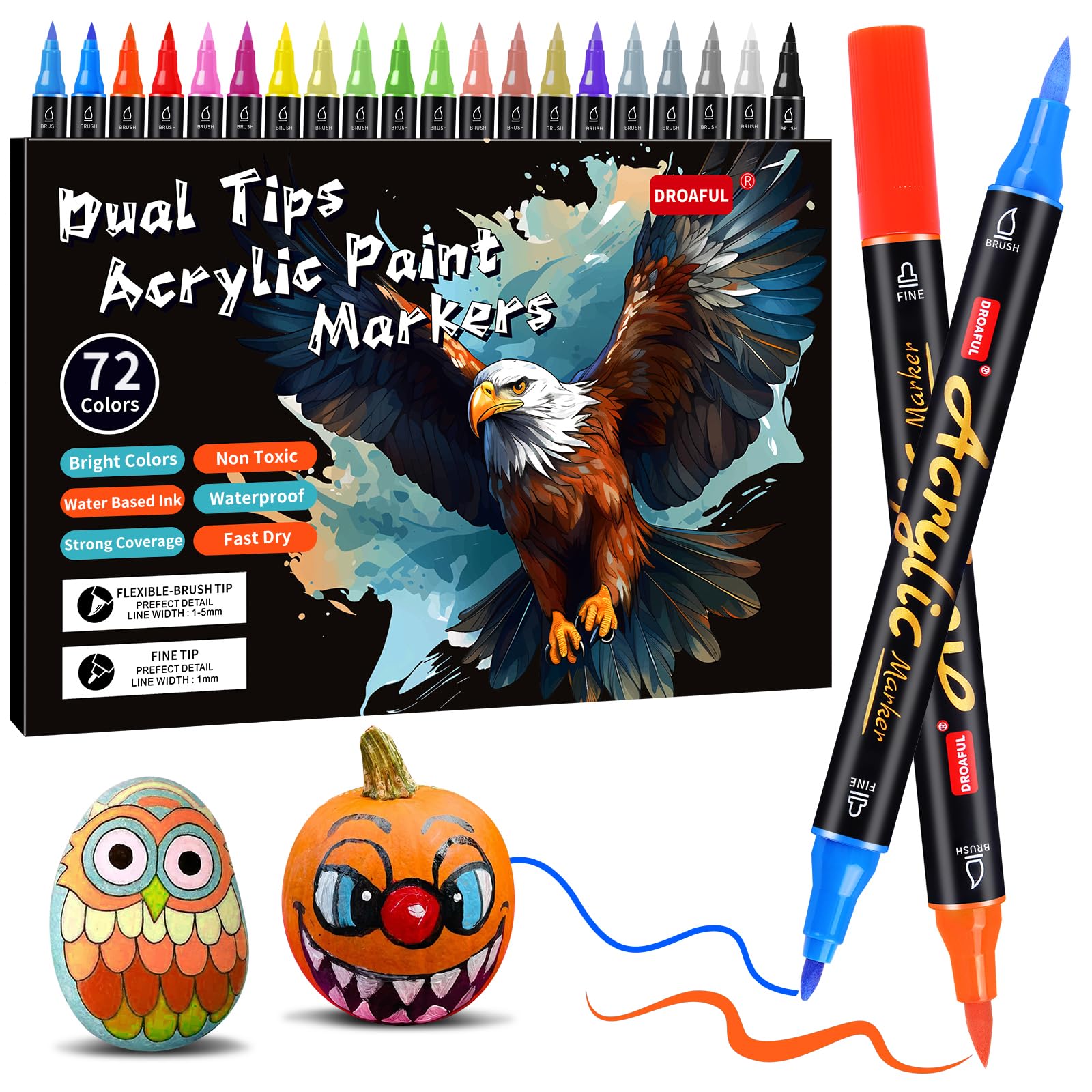 Droaful Acrylic Paint Pens Markers,72 Color Paint Markers Dual Fine & Brush Tips For Rock Painting,Fabric,Metal,Glass,Wood,Canvas,Ceramic,Plastic,Non-Toxic & Odor,Premium Art And DIY Craft Supplies Image Droaful Acrylic Paint Pens Markers,72 Color Paint Markers Dual Fine & Brush Tips For Rock Painting,Fabric,Metal,Glass,Wood,Canvas,Ceramic,Plastic,Non-Toxic & Odor,Premium Art And DIY Craft Supplies Image