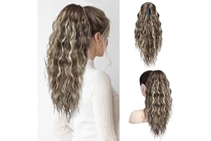 SEIKEA 18" Highlight Ponytail Extension, PT002 Tia Claw Long Multi Layered Fluffy Thick Wavy Jaw Clip in Fake Pony Tails Fake Hair Soft Natural Synthetic Hairpiece Light Brown Light Blonde Highlights
