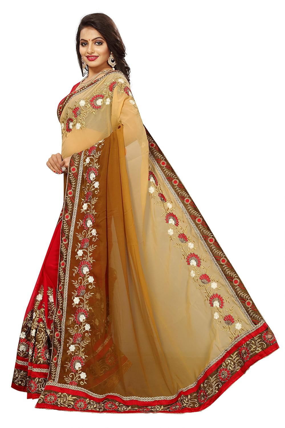 ruchika fashion women's georgette saree (beige_free size)