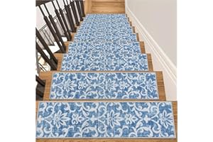 Lahome Carpet Stair Treads Non Slip Backing, 15 Pack 8" X 30" Stair Treads for Wooden Steps Indoor, Soft Washable Stairway Stair Runners Oriental Staircase Rugs for Kids Pets Elders(15pc, Blue)