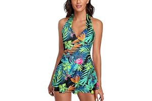 Omichic Womens Halter Tankini Swimsuits Two Piece Tummy Control Bathing Suits V Neck Swimdress with Boyshorts Swimwear