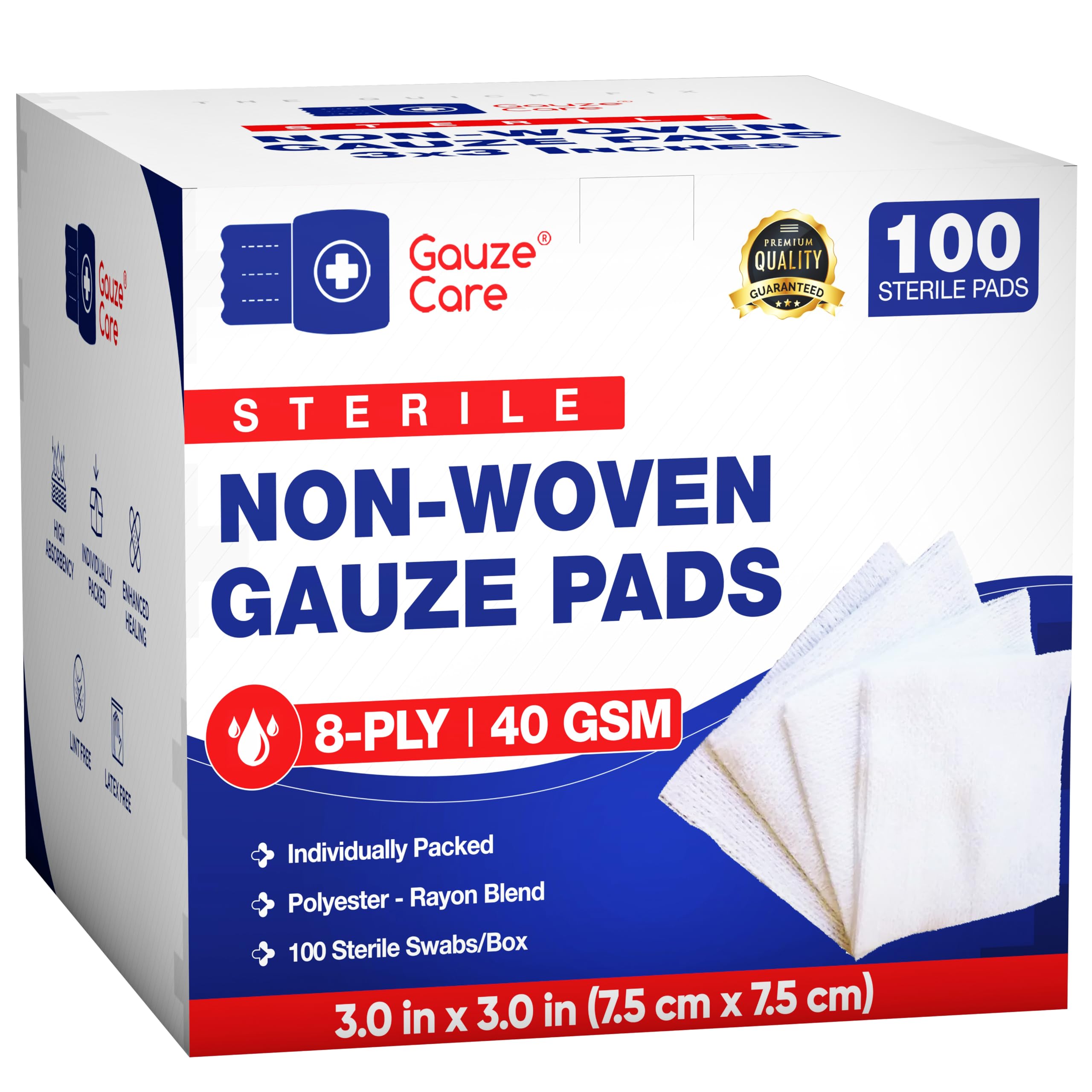 Photo 1 of Non-Woven Sterile Gauze Pads 3x3 Pack of 100| 8-ply Gauze Sponges| Individually Packed 3x3 Gauze Pads sterile| Soft and lint-Free Medical Gauze Pads for Enhanced Absorption and First-Aid Wound Care