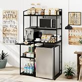 PUNCIA Modern Coffee Bar Cabinet with Mini Fridge Space &amp; Outlet, Black | Microwave Stand &amp; Mini Fridge Stand, Sideboard Cabinet with Outlet, Open Storage Shelf Home Bar Stand for Corner Dorm Kitchen