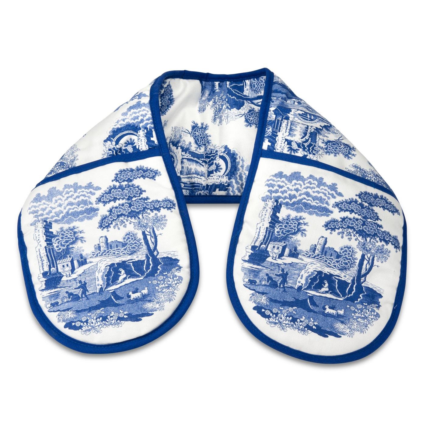 Spode x Blue Italian Double Oven Gloves - Cotton Kitchen Gloves, Comfortable, Blue & White, Machine Washable Kitchen Essential, Made in England