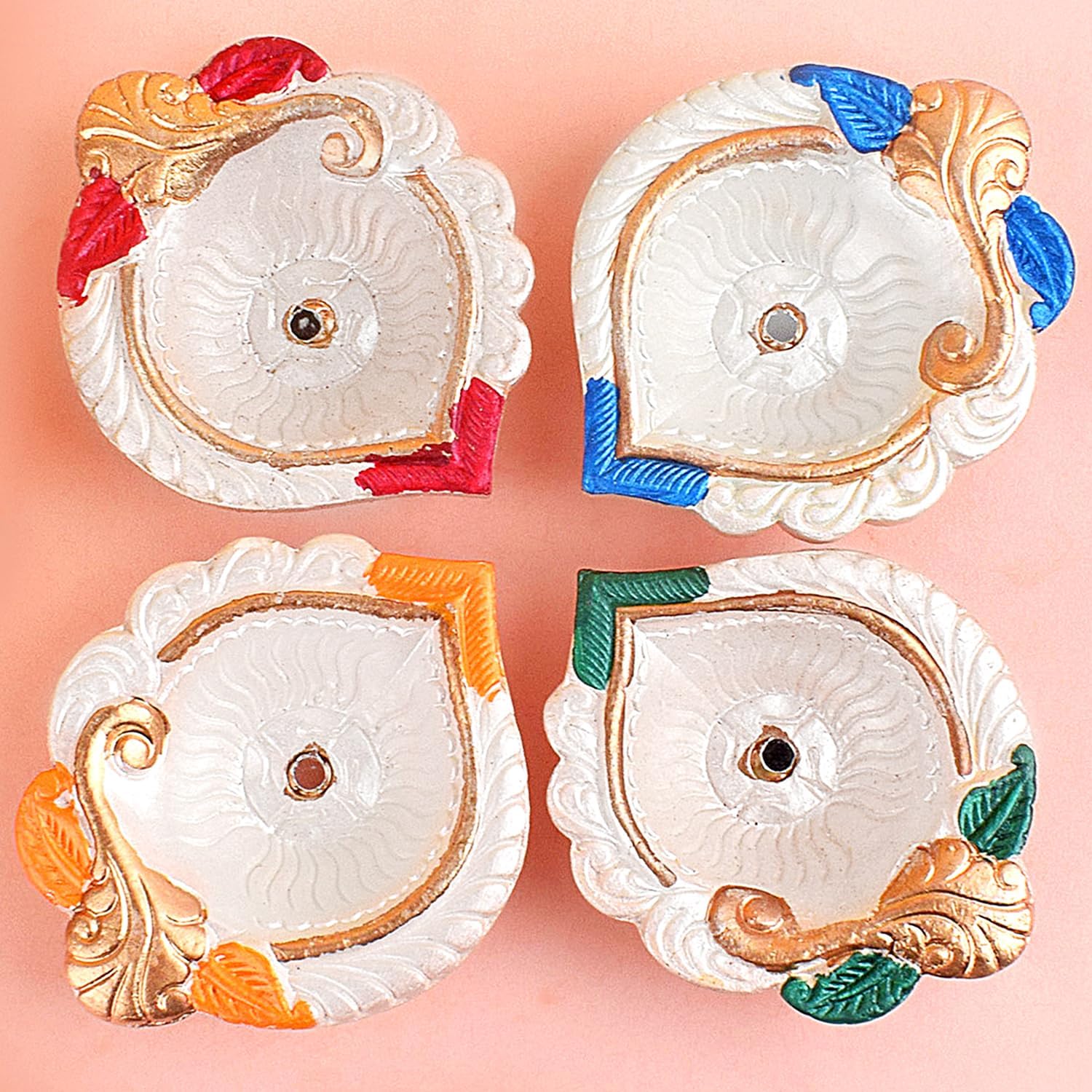 Oil Lamps & Accessories - SATVIK 4 Pc Multicolor Clay Diya Terracotta Dia Traditional Puja Vilakku Oil Lamp Natural Mitti Diya Tea Light Welcome Diwali Deepawali Navratri Pooja Décorations Indian Housewarming Return Gift Item