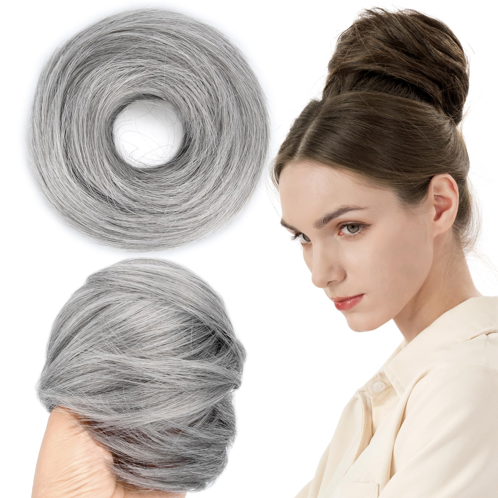 BOBIYA Messy Buns Hair Pieces Hair Scrunchies for Women Synthetic Ponytail Bun Extensions (Light Gray) โ image 1