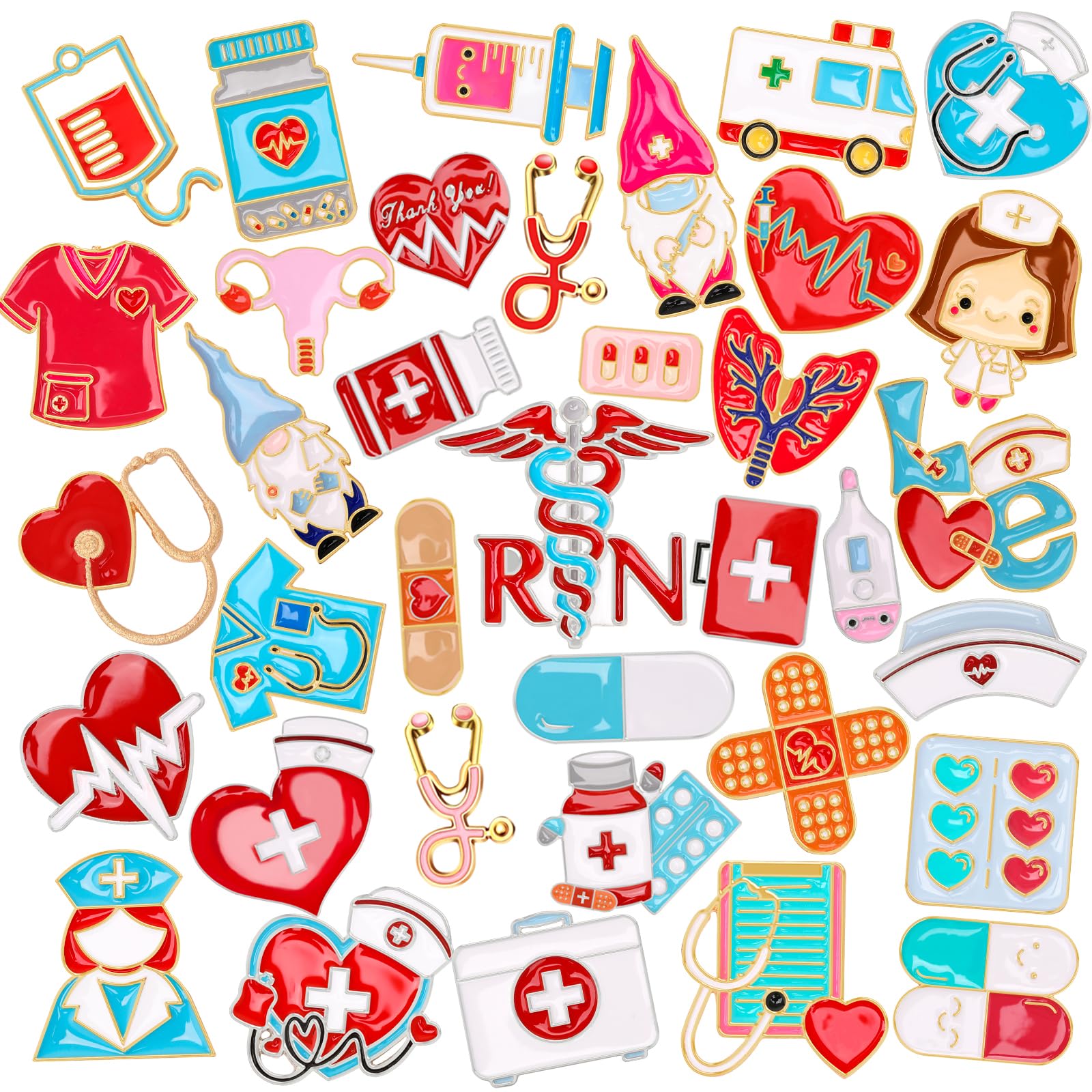 Photo 1 of DTOFOOT 36 PCS Nurse Enamel Pins Nursing Medical Brooches Badges Stethoscope Ambulance Pill Syringe Nurse Theme Thank You Nurse DIY Brooch Pins for Clothes Bags Backpack Decoration