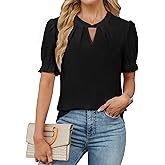 BMJL Womens Dressy Casual Blouse Keyhole Business Work Tops Pleated Short Puff Sleeve Summer Shirts 2025