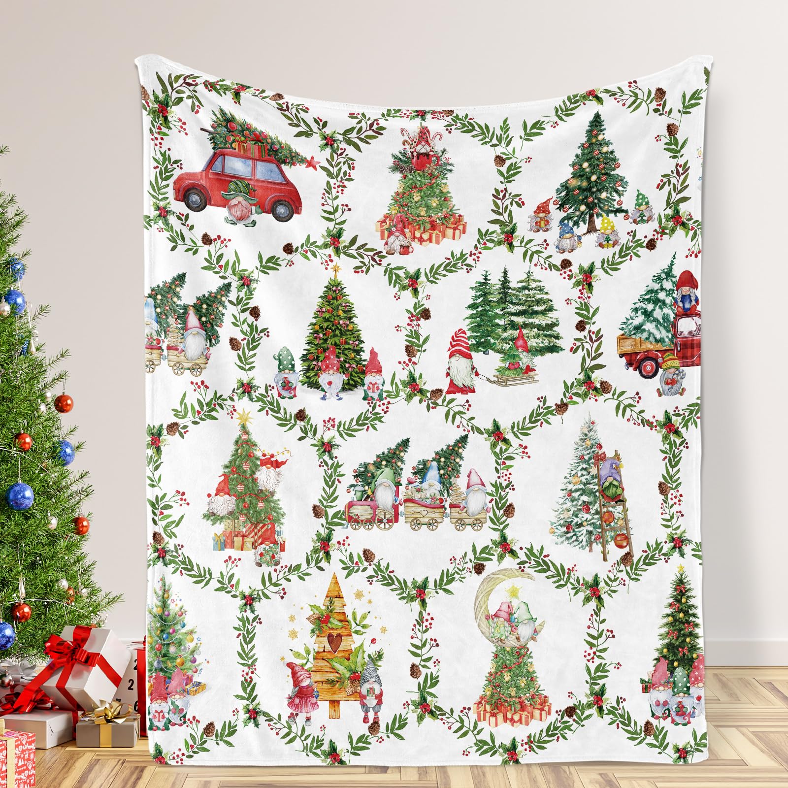 Christmas Blanket, Gnome Throw Blanket Gnome Gifts for Women with Garland Print, Super Soft Fluffy Fleece Christmas Boho Blankets and Throws for Fall Xmas Holiday Theme Home Decor Sofa - 60 × 50 inch