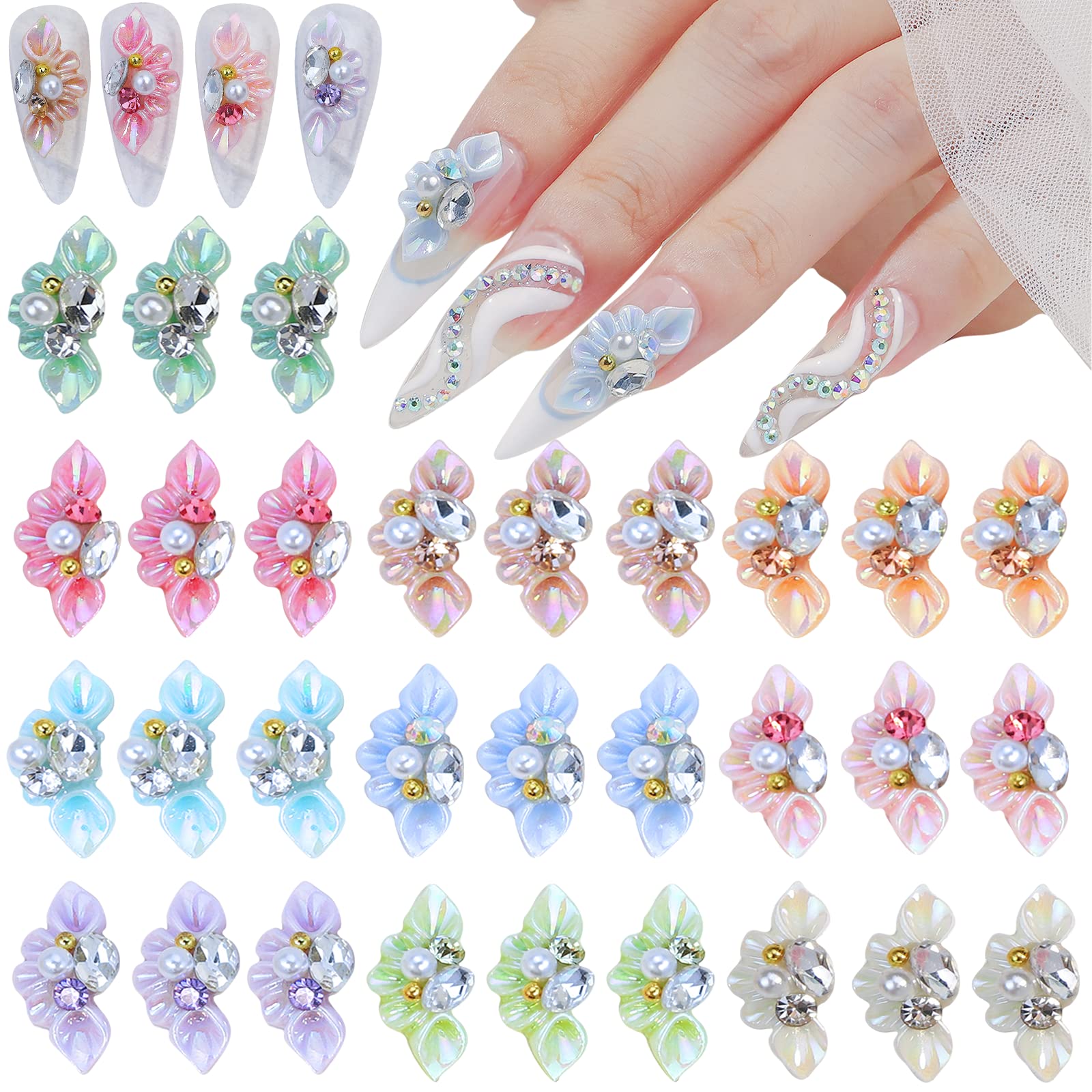 HOINCO 30 Pcs Nail Art Rhinestones & Pearls, Luxury Crystal Gems, 3D Carved Resin Jewelry Set with Shaped Diamond Pearl Stereo Petals for DIY Crafts